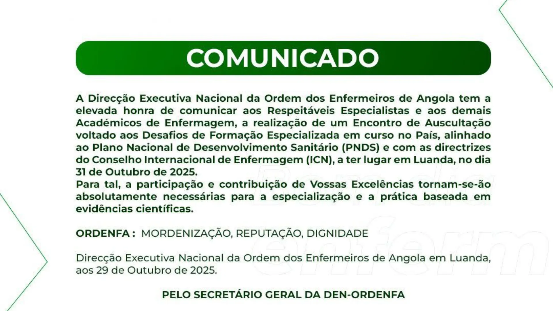 Encontro de Auscultação voltado aos Desafios de Formação Especializada em curso no País, alinhado ao Plano Nacional de Desenvolvimento Sanitário (PNDS) e com as directrizes do Conselho Internacional de Enfermagem (ICN)