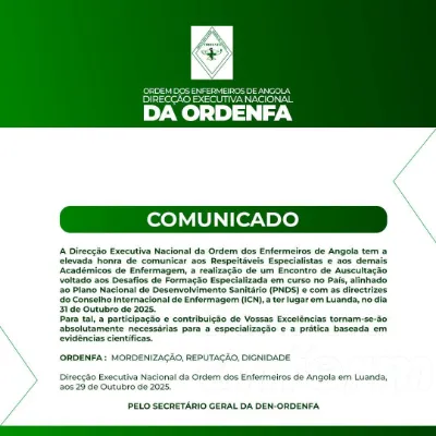 Encontro de Auscultação voltado aos Desafios de Formação Especializada em curso no País, alinhado ao Plano Nacional de Desenvolvimento Sanitário (PNDS) e com as directrizes do Conselho Internacional de Enfermagem (ICN)